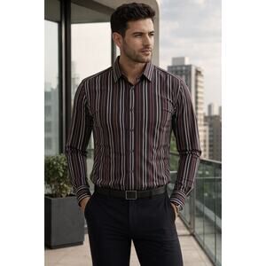 Bugatchi Uomo Men's Button Up Shirt M Brown Stripe Designer Classic